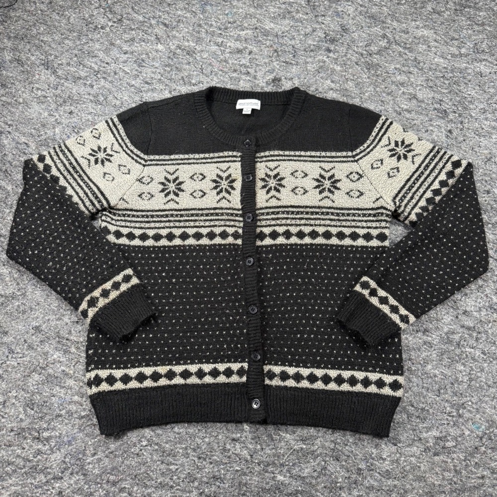 Great Northwest Clothing Company Fair Isle Cardigan Sweater Black Cream Large